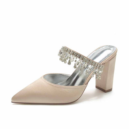 Women hand-made chunky heels party satin slippers with rhinestones
