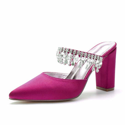 Women hand-made chunky heels party satin slippers with rhinestones