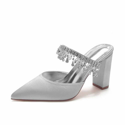 Women hand-made chunky heels party satin slippers with rhinestones