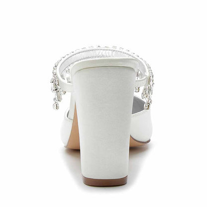 Women hand-made chunky heels party satin slippers with rhinestones