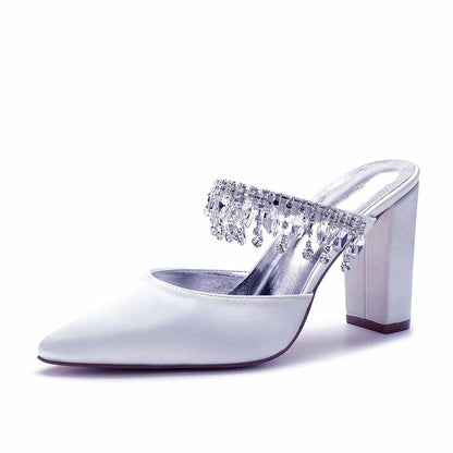 Women hand-made chunky heels party satin slippers with rhinestones