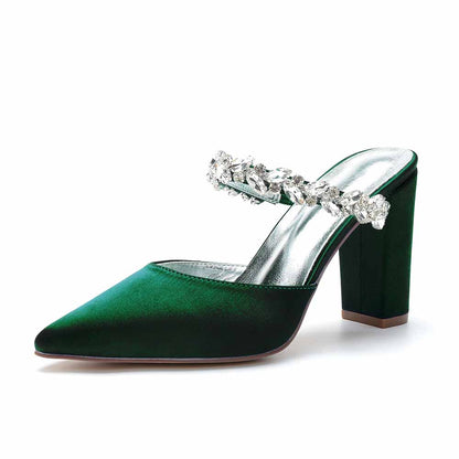 Women hand-made Rhinestone chunky heels party satin slippers