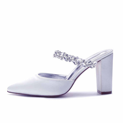 Women hand-made Rhinestone chunky heels party satin slippers