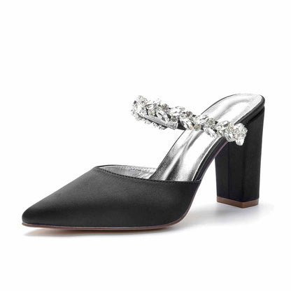 Women hand-made Rhinestone chunky heels party satin slippers