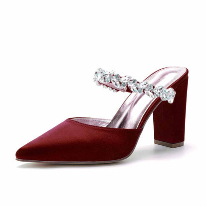 Women hand-made Rhinestone chunky heels party satin slippers