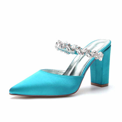 Women hand-made Rhinestone chunky heels party satin slippers