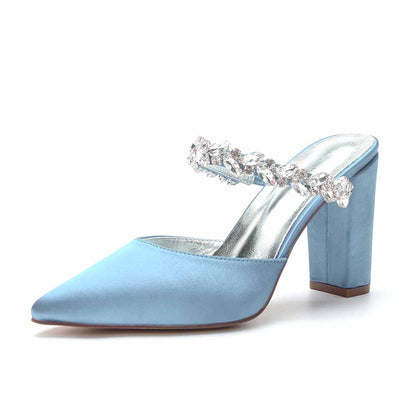Women hand-made Rhinestone chunky heels party satin slippers