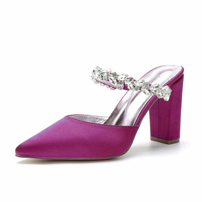 Women hand-made Rhinestone chunky heels party satin slippers