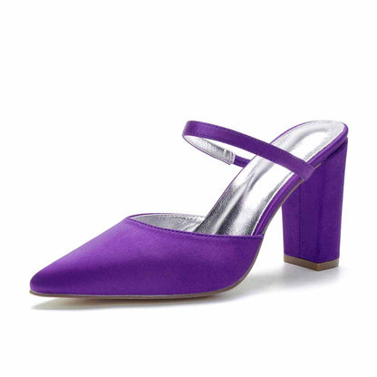 Women hand-made chunky heels party satin slippers
