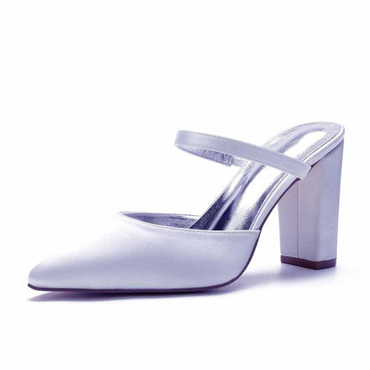 Women hand-made chunky heels party satin slippers