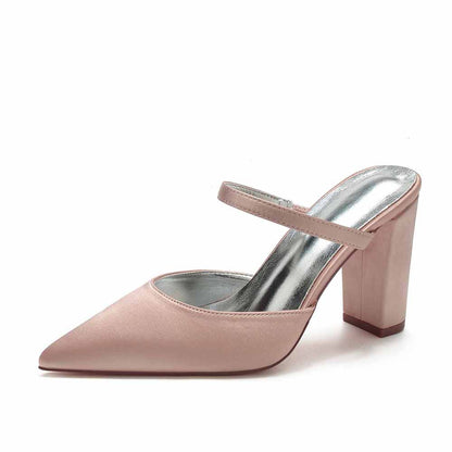 Women hand-made chunky heels party satin slippers