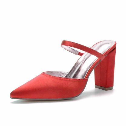 Women hand-made chunky heels party satin slippers