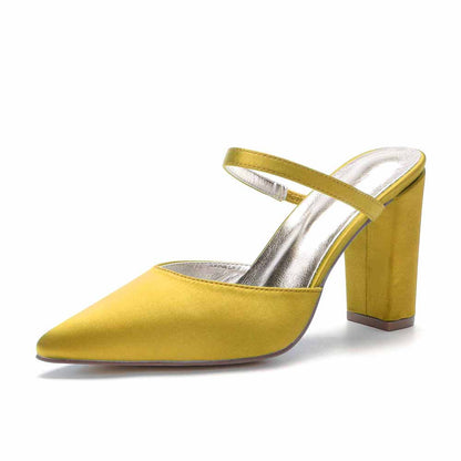 Women hand-made chunky heels party satin slippers