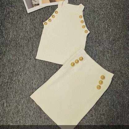 Women's Sleeveless Two Piece Mini Knitted Skirt Suit