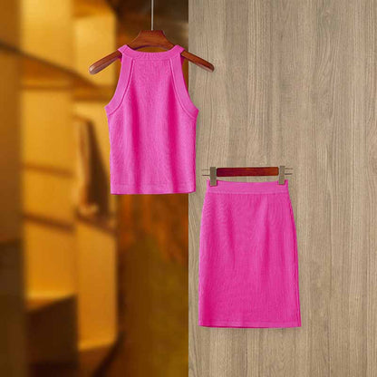 Women's Sleeveless Two Piece Mini Knitted Skirt Suit