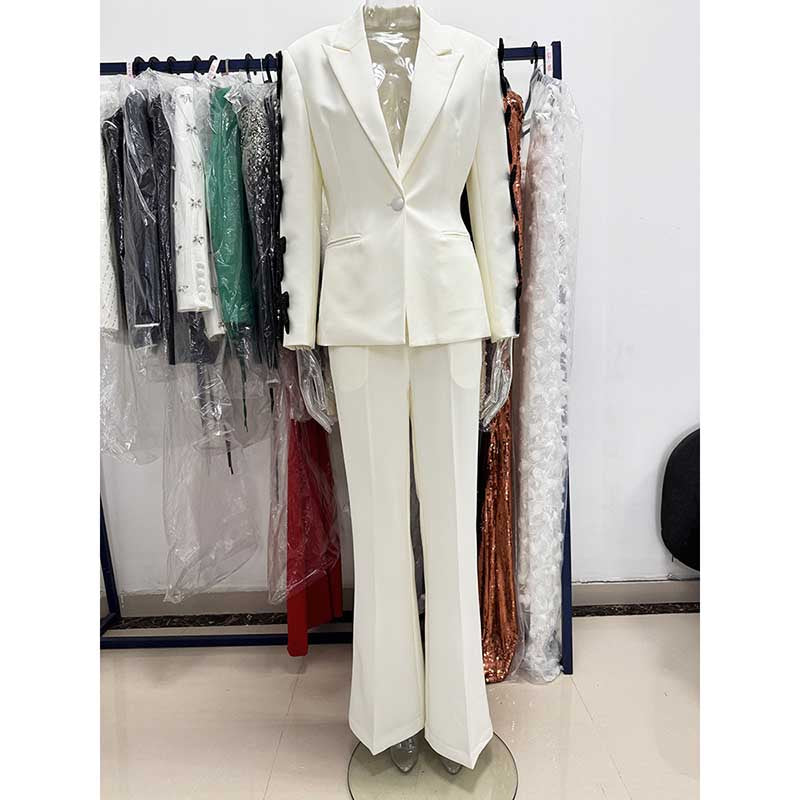 White Blazer Formal Set Black Bow Cut-Out Sleeves Flared Leg Pantsuit