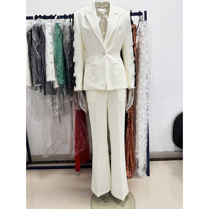 White Blazer Formal Set Black Bow Cut-Out Sleeves Flared Leg Pantsuit