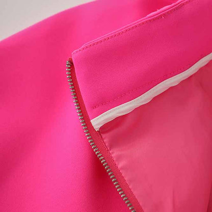 Women's Golden Lion Buttons Hot Pink Skirts Blazer Suit Jacket + High Waist Skirts Suit