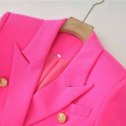Women's Golden Lion Buttons Hot Pink Skirts Blazer Suit Jacket + High Waist Skirts Suit