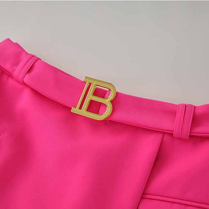 Women's Golden Lion Buttons Hot Pink Skirts Blazer Suit Jacket + High Waist Skirts Suit