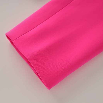 Women's Golden Lion Buttons Hot Pink Skirts Blazer Suit Jacket + High Waist Skirts Suit