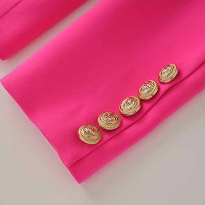 Women's Golden Lion Buttons Hot Pink Skirts Blazer Suit Jacket + High Waist Skirts Suit