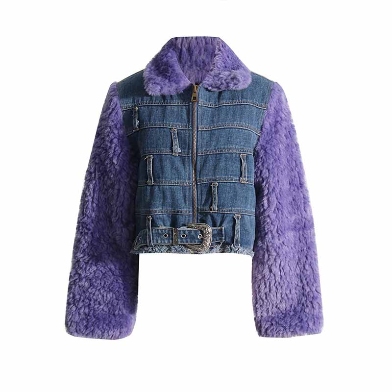 Lapel collar jacket faux fur sleeves jean coat for women