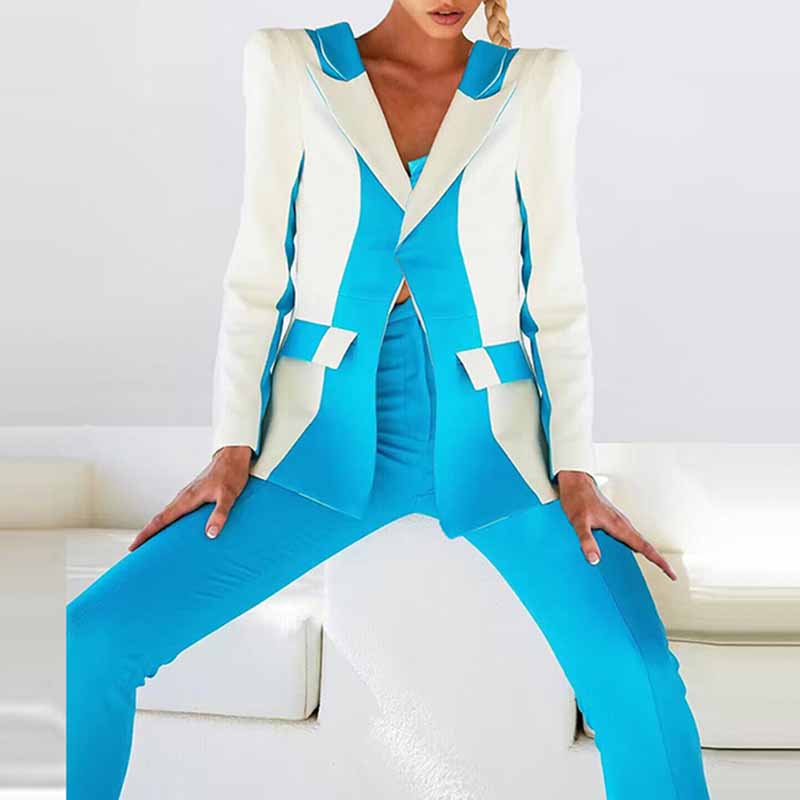 Women Blue and White Pantsuit fitted Blazer + Mid-High Rise Flare Trousers Suit Pantsuit