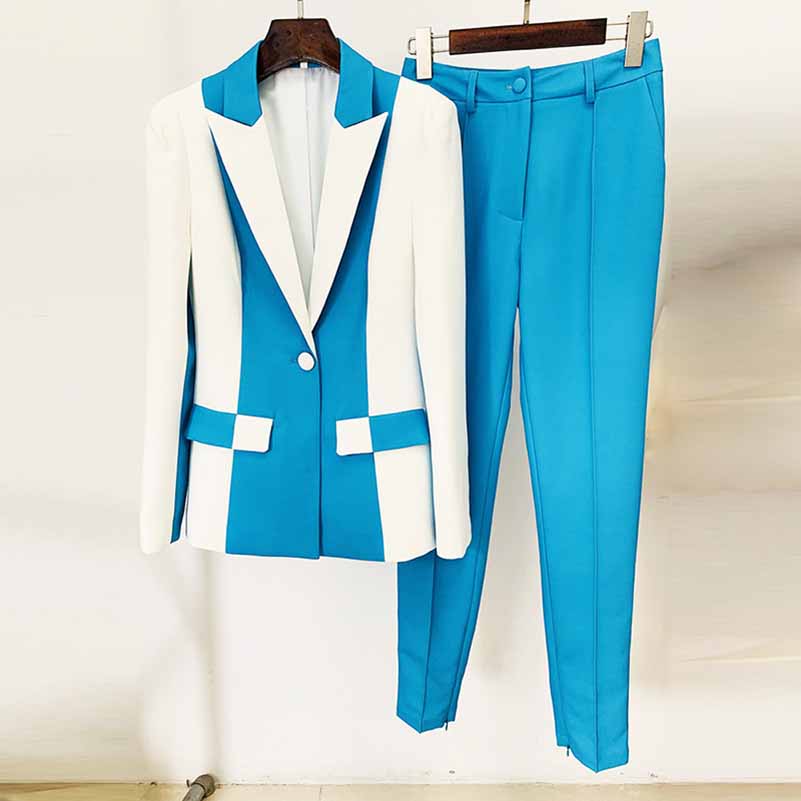 Women Blue and White Colour Pantsuit- Blocked Fitted Blazer + Mid-High Rise Slim Fit Flare Trousers Suit Pantsuit Office Wear