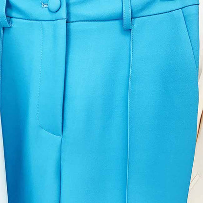 Women Blue and White Colour Pantsuit- Blocked Fitted Blazer + Mid-High Rise Slim Fit Flare Trousers Suit Pantsuit Office Wear