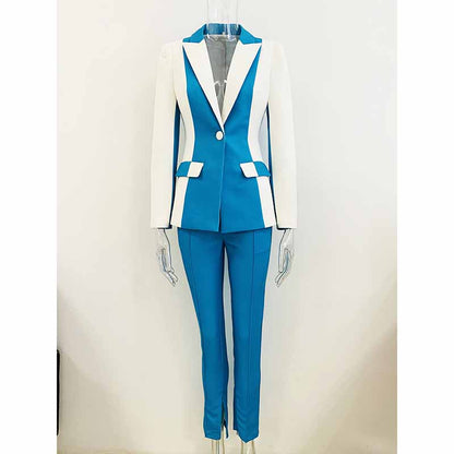 Women Blue and White Colour Pantsuit- Blocked Fitted Blazer + Mid-High Rise Slim Fit Flare Trousers Suit Pantsuit Office Wear