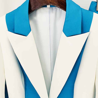 Women Blue and White Colour Pantsuit- Blocked Fitted Blazer + Mid-High Rise Slim Fit Flare Trousers Suit Pantsuit Office Wear