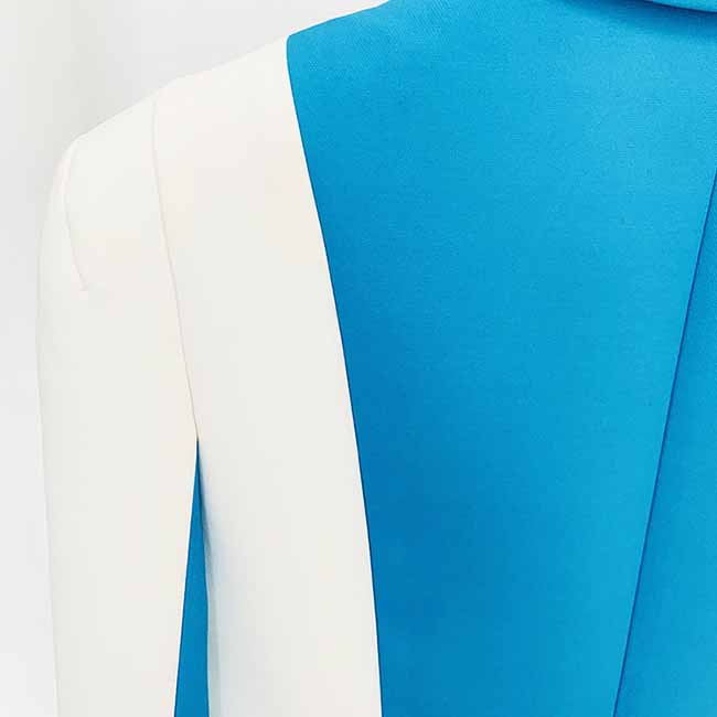 Women Blue and White Colour Pantsuit- Blocked Fitted Blazer + Mid-High Rise Slim Fit Flare Trousers Suit Pantsuit Office Wear