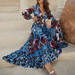 Womens Long Sleeves Blue and Black Floral-Printed Maxi Dress