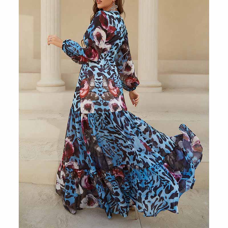 Womens Long Sleeves Blue and Black Floral-Printed Maxi Dress