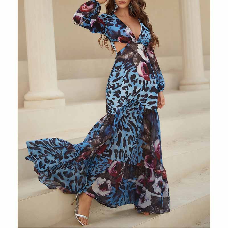 Womens Long Sleeves Blue and Black Floral-Printed Maxi Dress