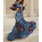 Womens Long Sleeves Blue and Black Floral-Printed Maxi Dress