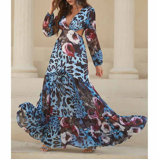 Womens Long Sleeves Blue and Black Floral-Printed Maxi Dress