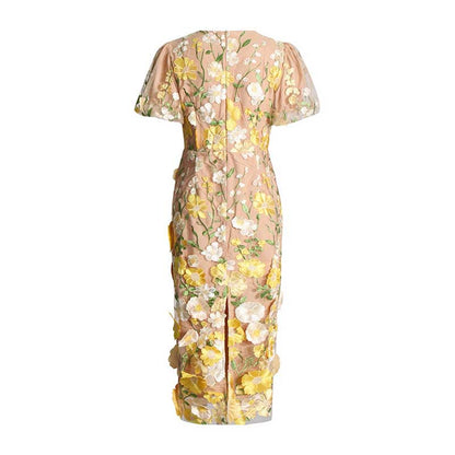 3D Flower Midi Dress Puff Sleeve Embroidered Midi Length Dress