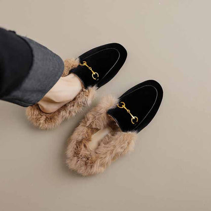 Ladies flat heeled winter shoes lined with rabbit fur slippers
