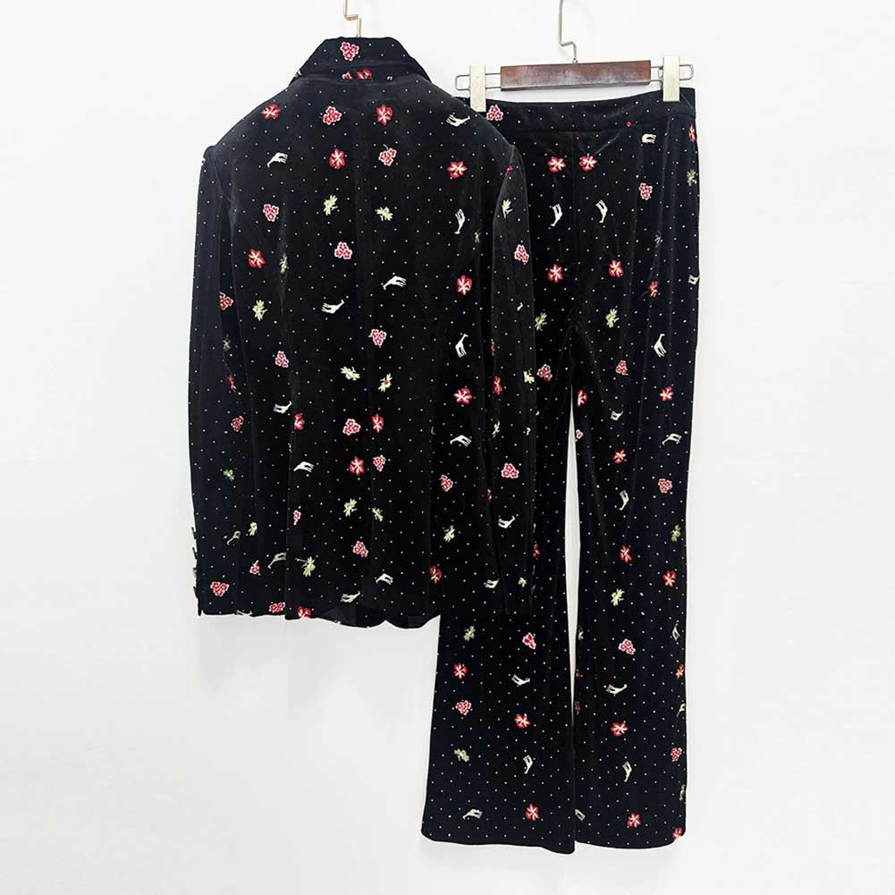Black Velvet Floral Embroidered Blazer Flared Formal Suit