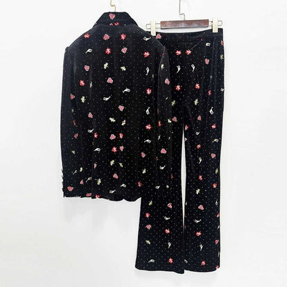 Black Velvet Floral Embroidered Blazer Flared Formal Suit