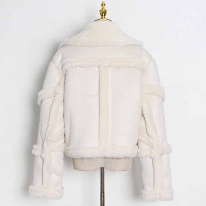 Lapel Collar patchwork lamb short woolen jacket for women