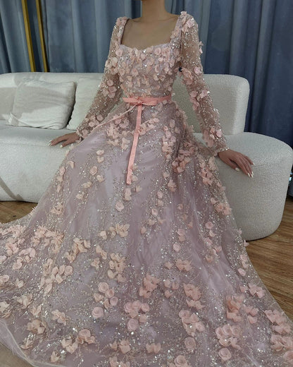 Long Sleeve Floral Tulle Evening Dress Prom Gown for Wedding Banquet