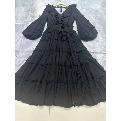 Long Sleeve Red Ruffles V-Neck Maxi Dress