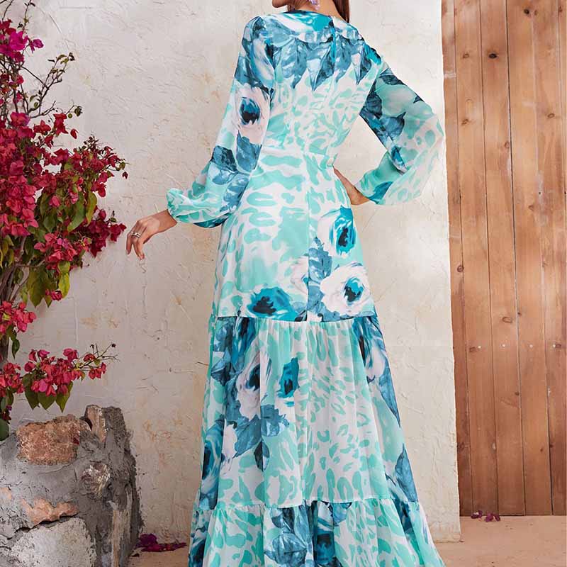 Womens Long Sleeves Blue Floral-Printed Maxi Dress