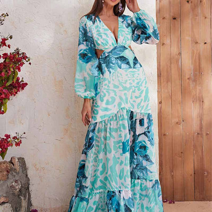 Womens Long Sleeves Blue Floral-Printed Maxi Dress