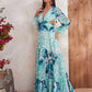 Womens Long Sleeves Blue Floral-Printed Maxi Dress