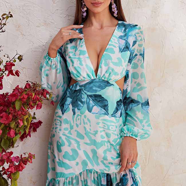 Womens Long Sleeves Blue Floral-Printed Maxi Dress
