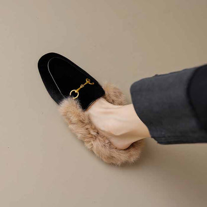 Ladies flat heeled winter shoes lined with rabbit fur slippers